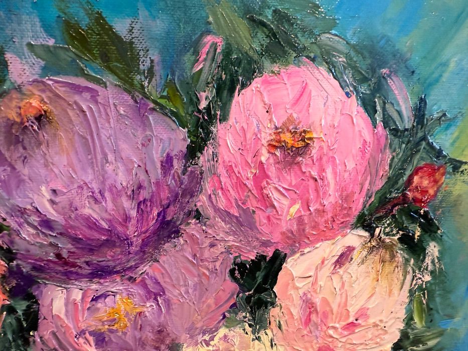 Pictura noua, tablou superb -Bujori in vas negru-ulei,pensula si cutit