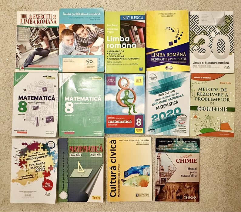 Set 14 manuale si carti de exercitii, mate si romana, clasa a 8a