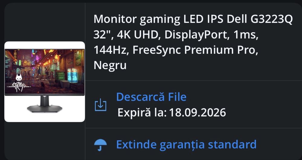 Monitor Gaming LED IPS Dell G3223Q 32", 4K UHD (3840x2160), 144Hz