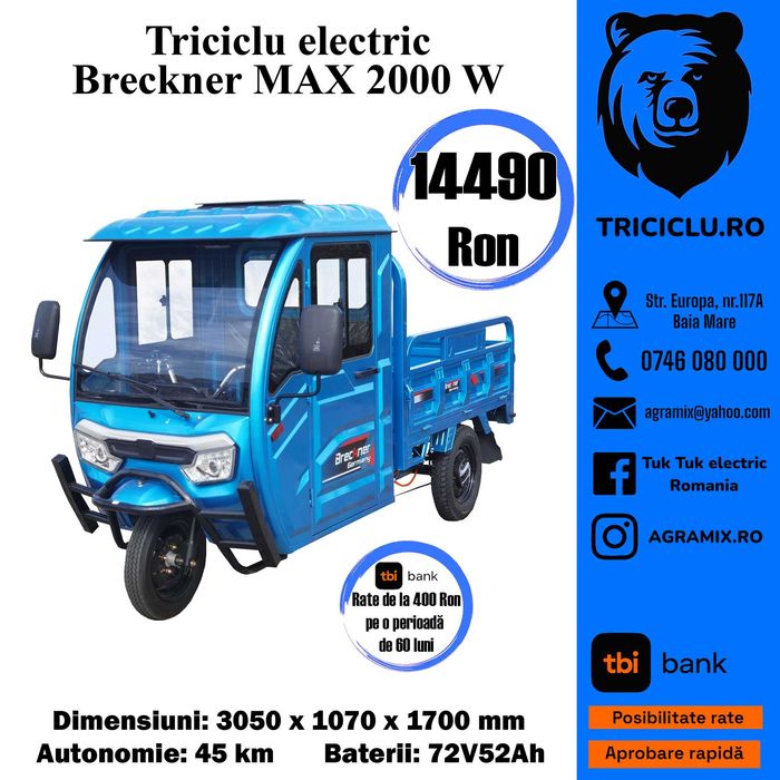 Triciclu electric Max cu cabina inchisa Max-Pro 2000 W fara permis