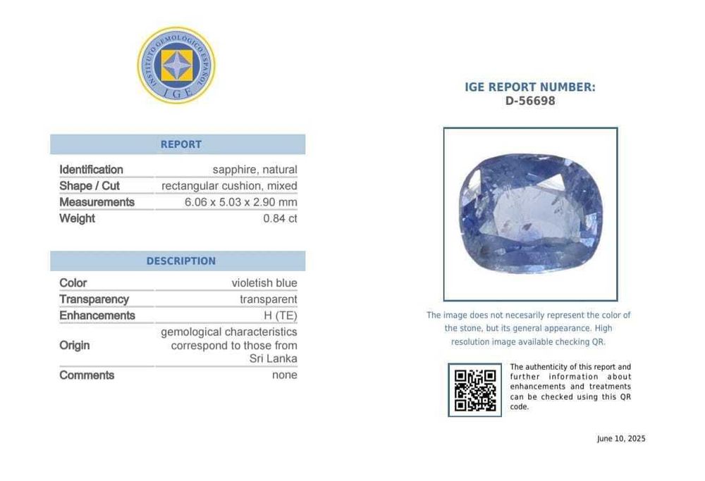 Сертифициран естествен виолетов Сапфир – 0,84 карата