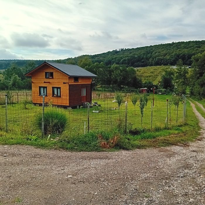 Teren cu cabană de lemn, de vânzare.