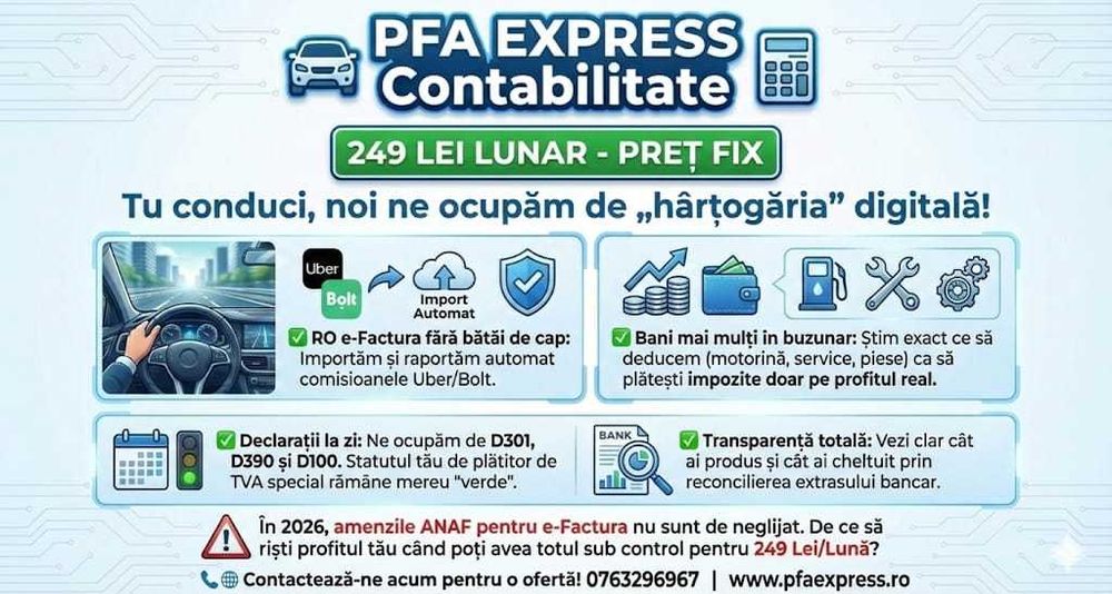 Contabilitate Uber/Bolt - 249 lei/luna - infiintare PFA, E-factura