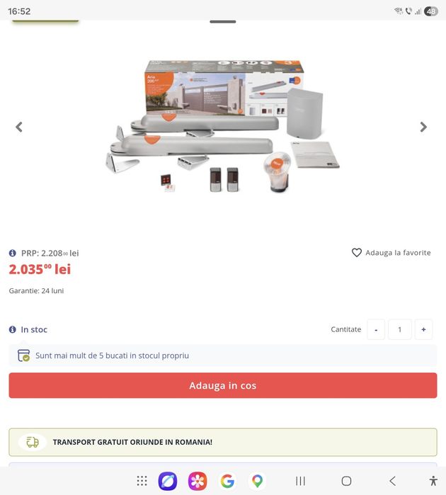 Kit automatizare poarta batanta Nice Home Aria200, 250 Kg, 2.0 m/canat