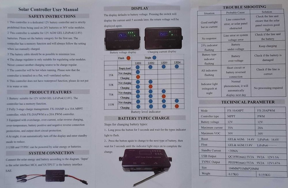 Controler Incarcare Solara MPPT Digital si pt. LifePo4 - 12V/10A