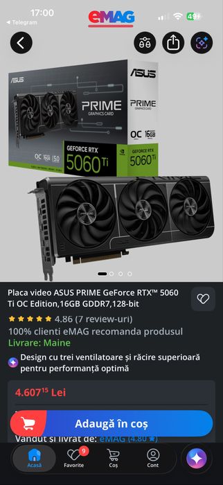 Placă video ASUS PRIME GeForce RTX 5060 Ti OC 16GB GDDR7 PCIe 5.0 – Sigilată, Garanție EMAG 36 luni