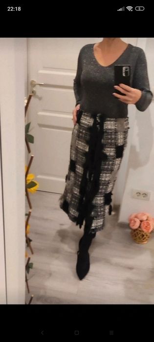 Fustă maxi din tweed patchwork, groasa, handmade, gri-negru cu detalii