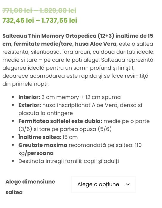 Saltea ortopedica (NOUA) 15 cm aloe vera -160/200cm
