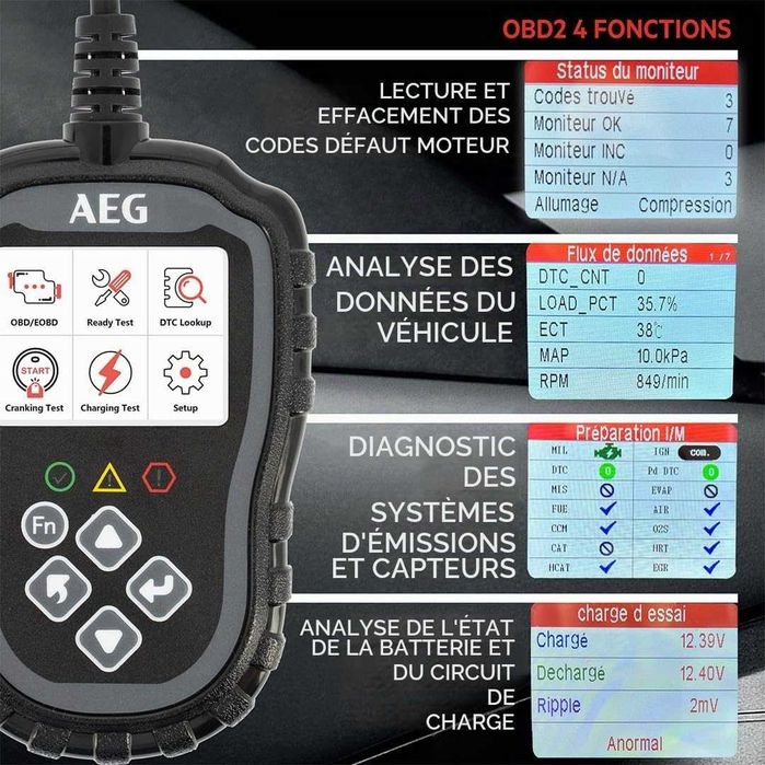 Диагностика за кола OBD2 AEG 005073 Evol 2 3 функции Четене Детайли Изчистване