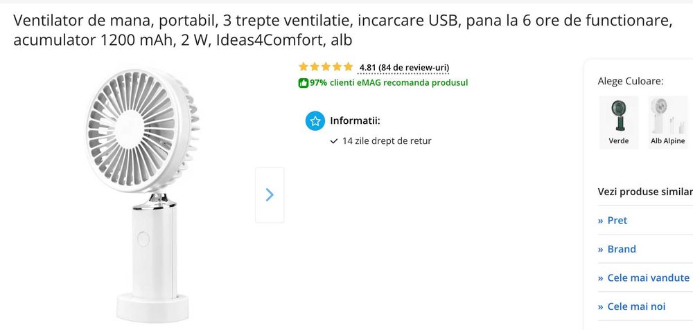 Ventilator portabil, 3 viteze, incarcare USB, 6h/1200mAh, 2W, alb
