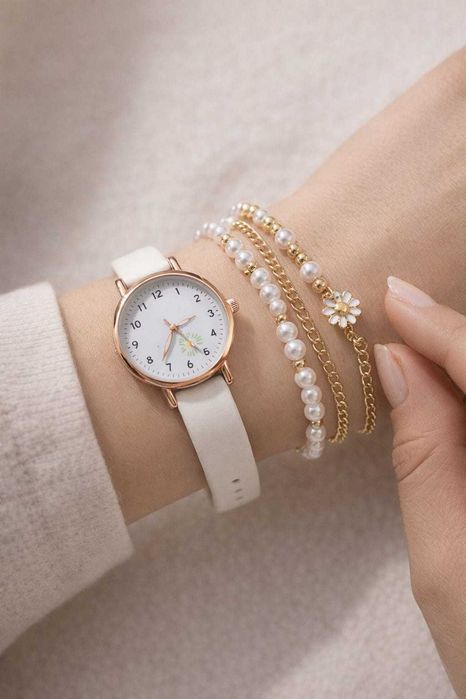 Set ceas damă alb cu detalii aurii + 4 brățări elegante