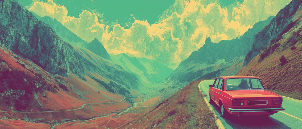 Tablou canvas panoramic Serpentine, mașină de epocă la munte, poster retro, 80×34 - 140×60 cm