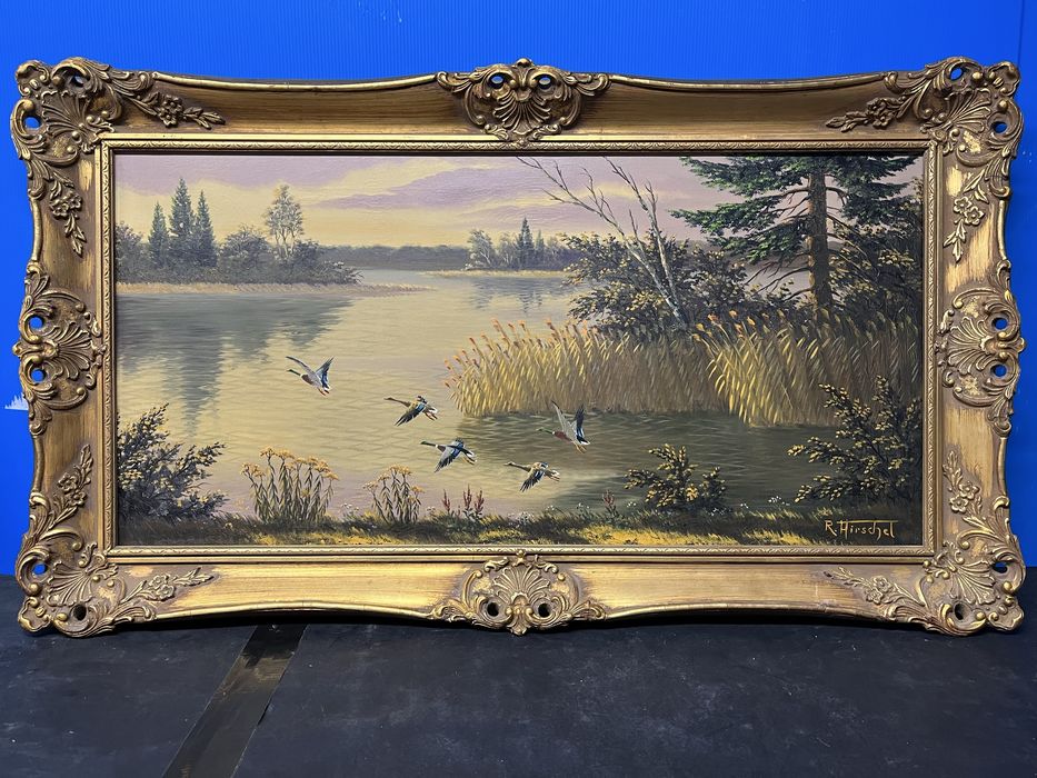 Оригинал на Рудолф Хиршел-Есенен,речен пейзаж с излитащи патици