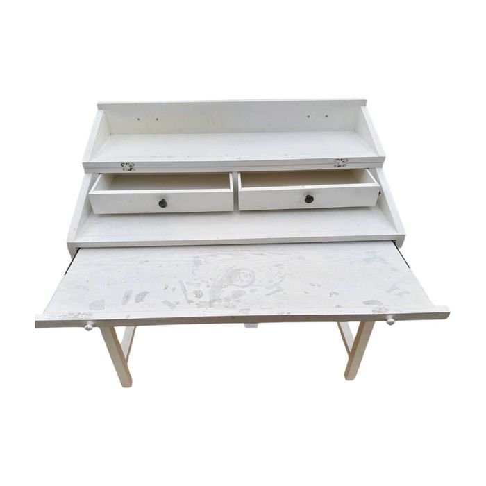 Birou alb din lemn masiv; Banc de lucru cu glisiera si sertare; Masa