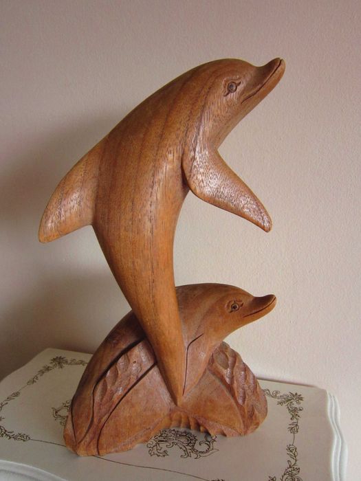 cadou rar feng shui Delfini sculptura superba vintage lemn