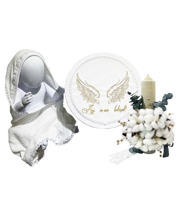 Set elegant trusou botez Gardinea Domain 11 piese lumanare alb ivoire