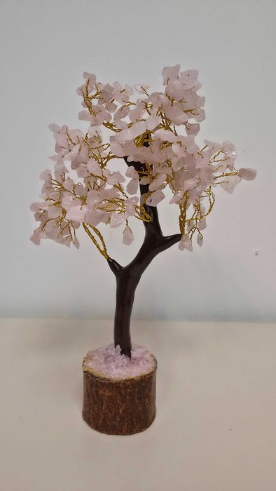 Copăcel decorativ cu cuarț roz Gemstone Tree bază lemn Cadou