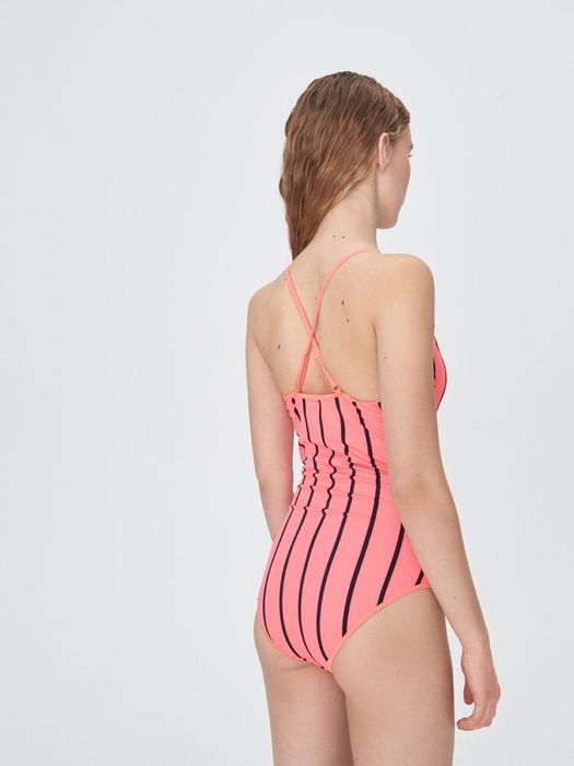 Costum baie intreg dama marime S nou cu eticheta roz negru dungi