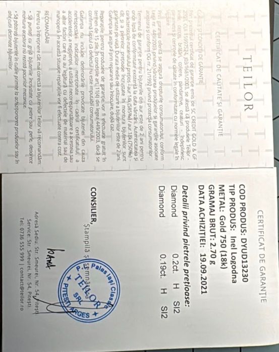 Inel TEILOR aur 18K cu diamante 0,39 ct, nou, certificat