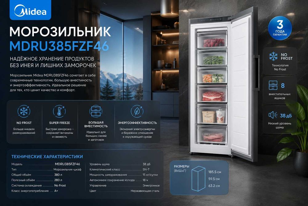 Морозильник Midea модель MDRU385FZF46 Muzlatgich yuqori sifat