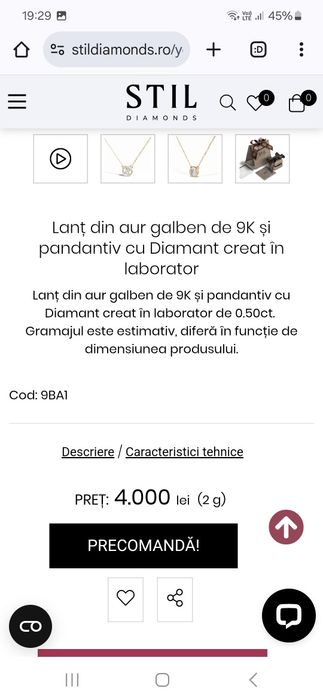 Vand lanț din aur galben și pandantiv cu Diamant