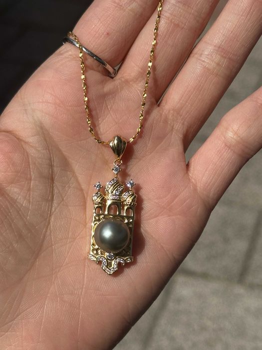 Colier cu perlă neagră Tahitiană, pandantiv vintage + Argint 925