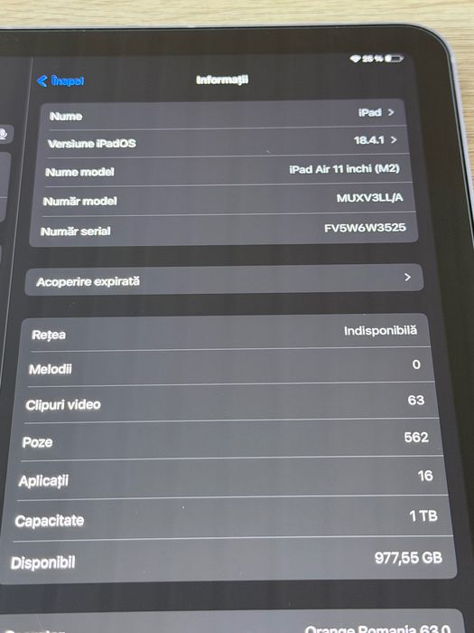 IPad Air 11 M2, 1 Terra Gb, 5G, baterie 100% (NOU)