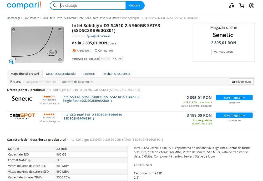 INTEL SSD DC S4510 960GB 2.5" SATA 6Gb/s 3D2 TLC  SERVER - sigilat