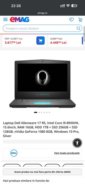 vand/schimb Laptop ALIENWARE, 17 R5, i9-8950HK, 1TB+256GB