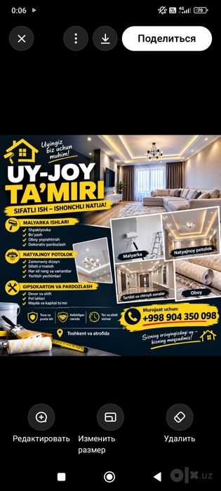 Uy remont qilish ishlari qilamiz 0 dan 100 gacha