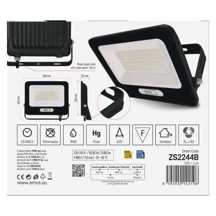 LED прожектор GLARO 50W, черен, IP65, 5000 lm, неутрално бял