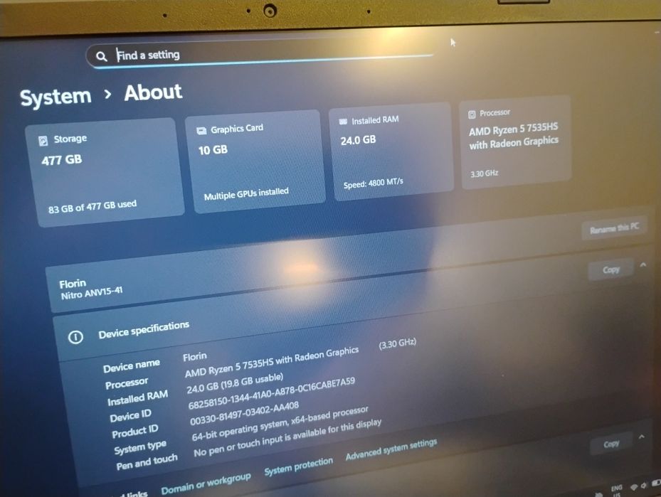 Laptop Nitro - Ryzen 5 - 7000serie - RTX - 4050