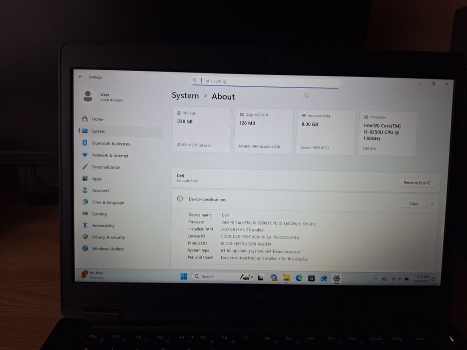 Laptop Dell latitude 5490, intel i5 gen. 8-a