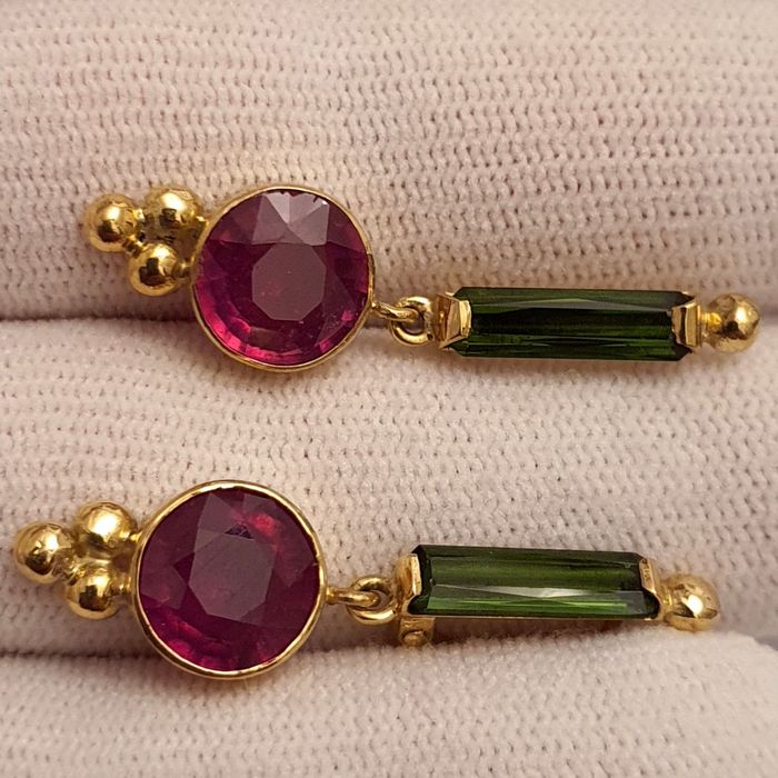 cercei unicat aur 14k cu rubine si turmaline naturale