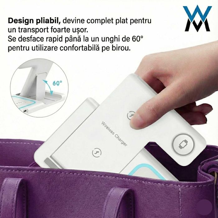 Statie Incarcare Wireless 3-in-1 Pliabila Wyred by Monga Qi 15W Alb