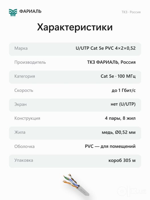 Кабель витая пара U/UTP Cat 5e PVC 4x2x0,52 ТКЗ ФАРИАЛЬ, 305 м