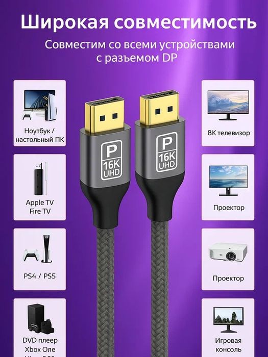 Кабель DisplayPort 2.1, 80Гбит/с 16к UHD позолоченные коннекторы