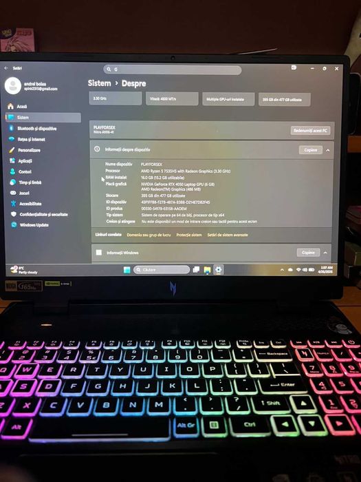 Vând laptop gaming Acer Nitro 16, în stare foarte bună, folosit cu grijă. Laptopul este perfect pentru gaming, editare și utilizare zilnică