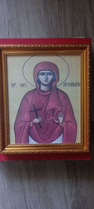 Icoană Noua litografiată cu Sfânta Muceniță Achilina 23/27 cm– ramă aurie