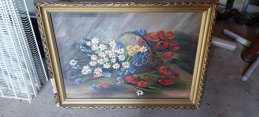 Tablou ulei pe pânză, natură statică cu flori an 1977