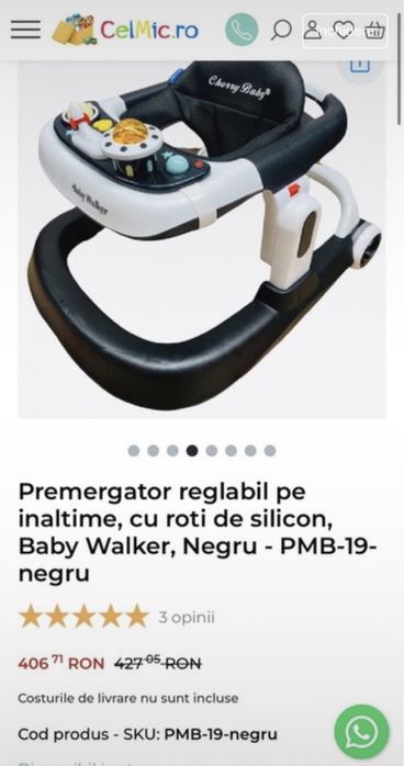 Premergator reglabil pe inaltime, cu roti din silicon Baby Walker