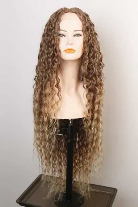 Омбре къдрици 80 см - кафява перука с реалистичен път 13x4x1