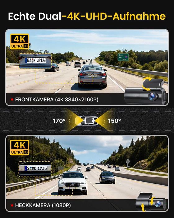 Camera de bord wifi 4K+1080P față/spate card SD de 64GB, GPS WiFi 5GHz, cameră auto IPS de 1.5” cu monitorizare a parcării, vedere nocturnă superioară