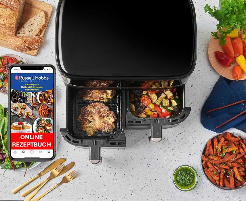 Фритюрник с горещ въздух Russell Hobbs SatisFry 27681-56, 2 отделения, 9 л, бърз, с горещ въздух [2 отделения по 4,5 литра всяко, много тиха работа