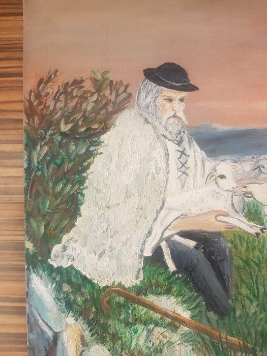 Ciobănaș cu oi și miei, acuarela pe pânză , ramă de lemn