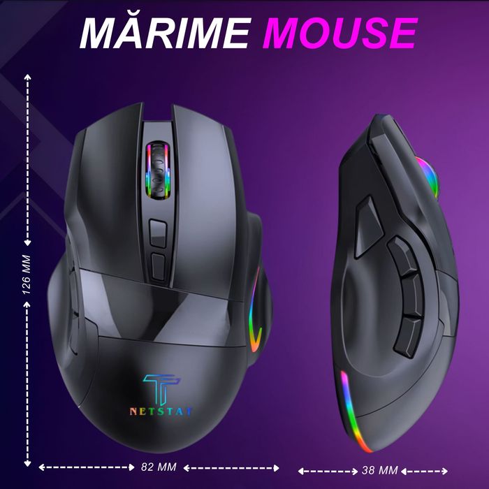 Mouse Gaming NETSTAT,2 Conexiuni BT + 2,4Ghz, RGB, Negru, Nou Sigilat.