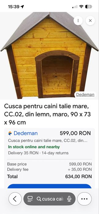 Cusca lemn caine talie mare cu acoperis de sindrila bituminoasa