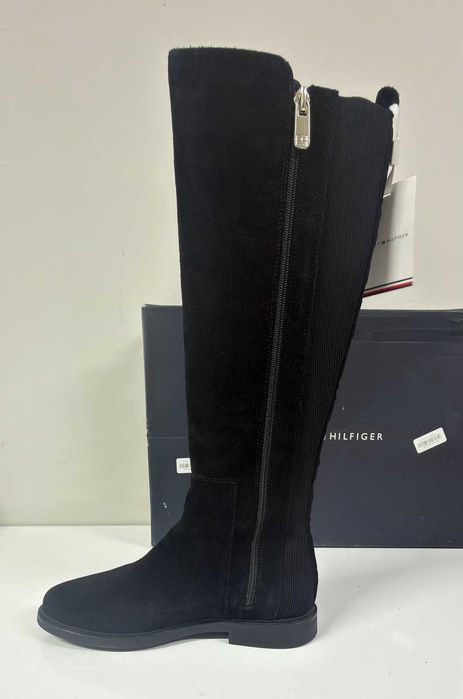 НОВИ Дамски велурени ботуши TOMMY HILFIGER Flag Long Boot (Черни) - Размер 37 (23.5 см стелка)