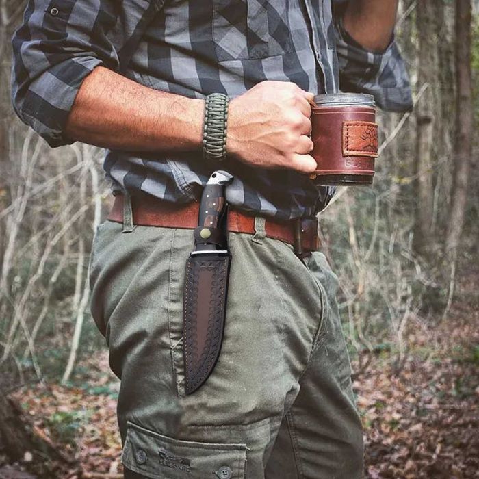 Ловен нож с кожена кания Full Tang Цяло парче метал HTWM-103