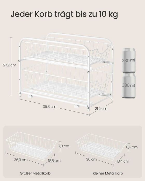 Organizator baie sau bucatarie Songmics, 2 sertare glisante, alb